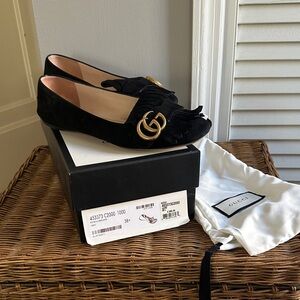Gucci Women's Black Suede Loafers with Gold Logo